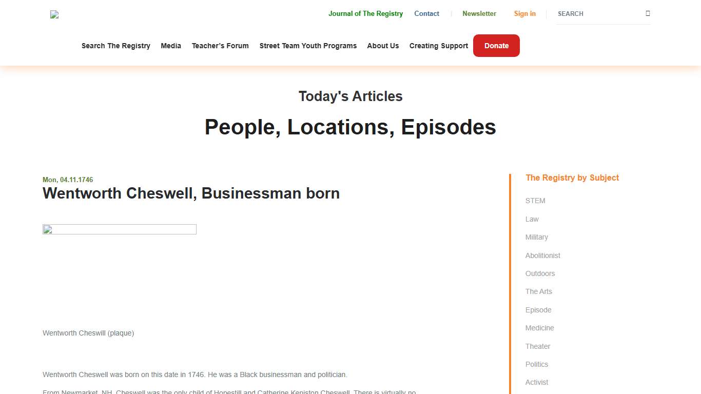 Wentworth Cheswell, Businessman born - African American Registry